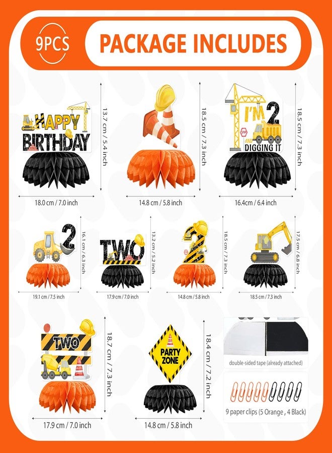 Grencian 9 Pcs Construction 2nd Birthday Party Decorations Excavator I'm 2 and Digging It Honeycomb Centerpieces Table Toppers for Kids Boys Truck Themd 2 Years Old Birthday Party Supplies Table Decoration - Image 2